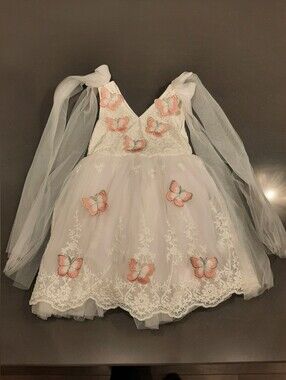 Butterfly Lace Tulle Princess Dress White Pink 3-4 Yrs
